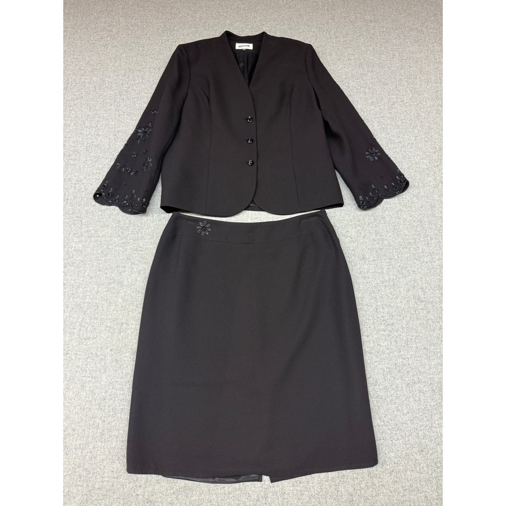 Kasper Skirt Suit Set 18 Black Beaded Floral Embroidered Scalloped Sleeve Blazer